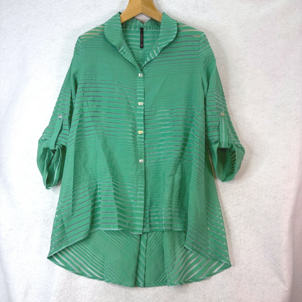 IC by Connie K Sheer Striped Green Button Down Tunic Womens XL Lagenlook Coastal